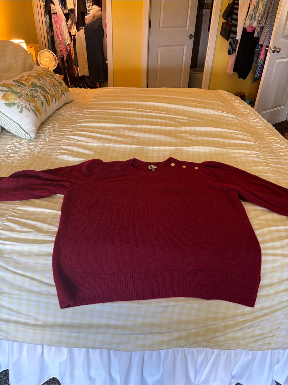 Anne Klein Burgundy Crew Sweater with Gold Shoulder Buttons - Picture 3 of 4